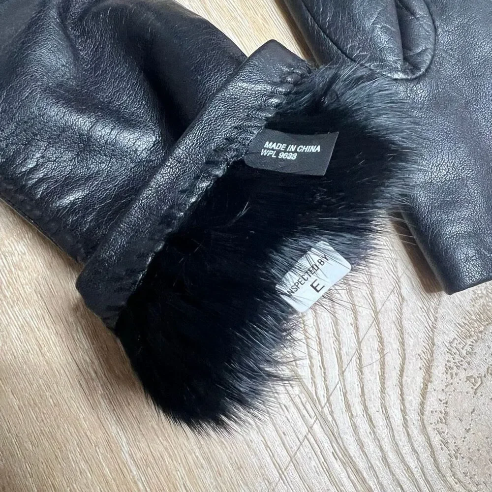 Vintage, Black Genuine Leather Gloves Lux Faux Fur Lined Interior, Women’s Small